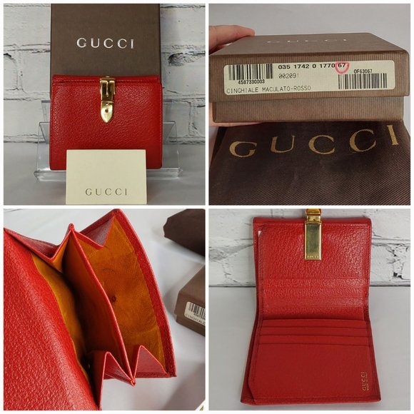 'GUCCI' 'CINGHIALE MACULATO~ROSSO' LEATHER GOLD BUCKLE TRIFOLD WALLET, BOX & BAG - Picture 15 of 16
